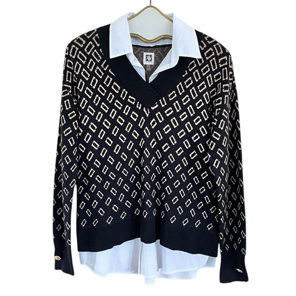 Anne Klein Sweater W/ Attached Blouse Gold Button Detail